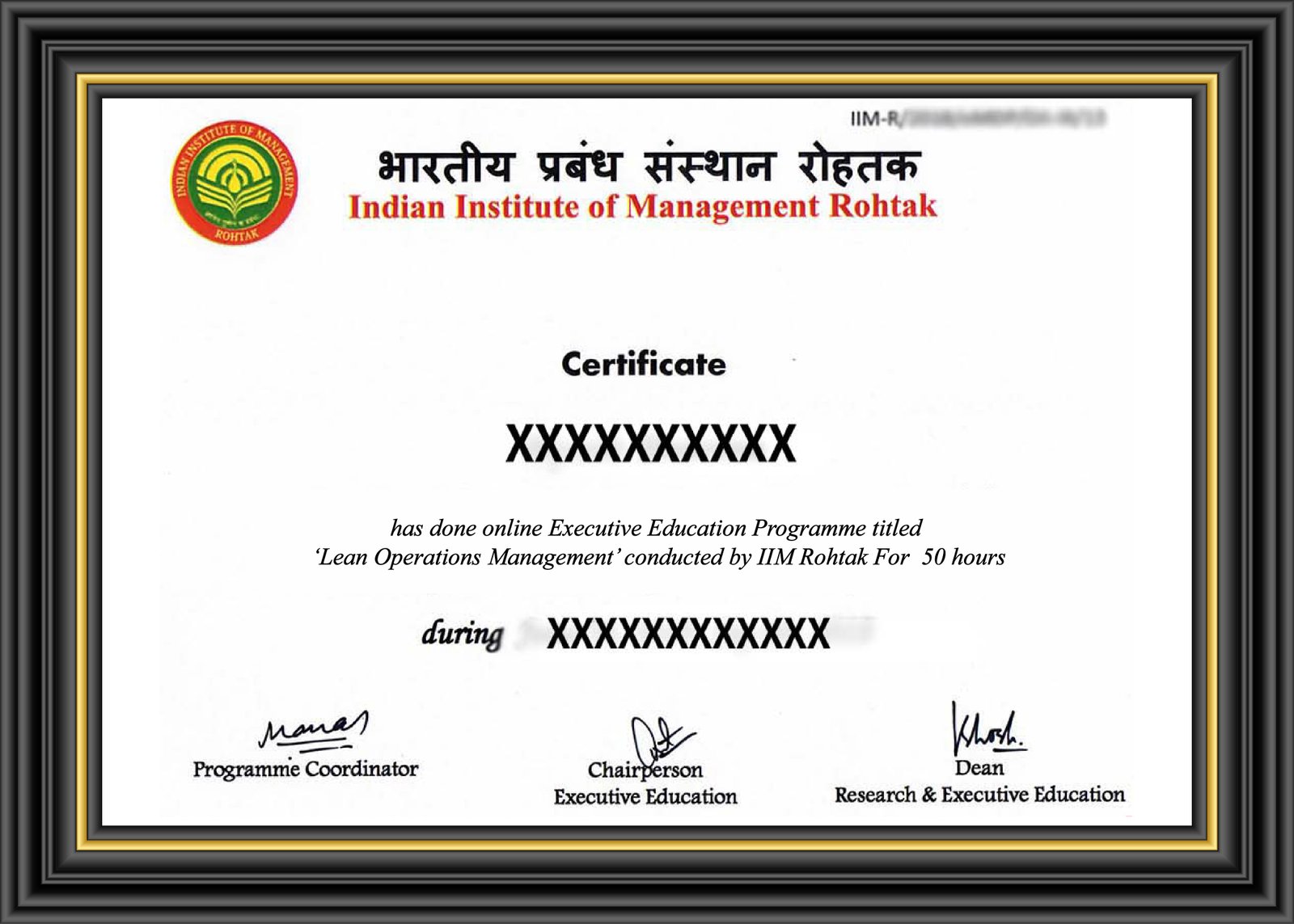 IIM Rohtak Certificate Sample